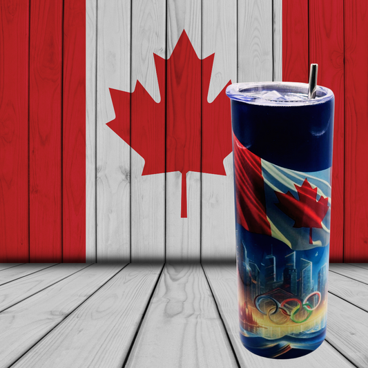 Canadian Olympic Flag 20 oz tumbler stainless steel with sliding lid and metal straw.