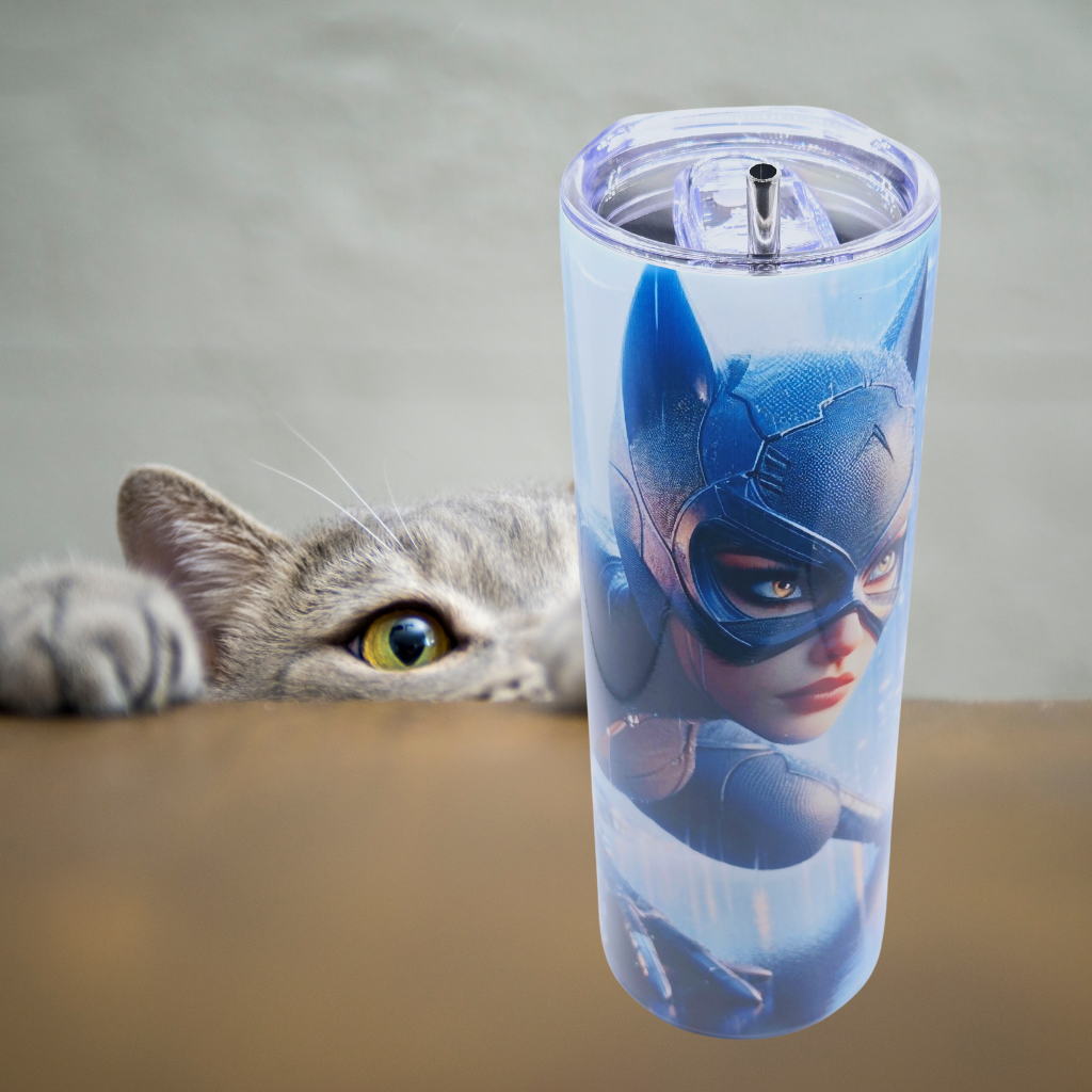 Catwoman 20 oz tumbler stainless steel with sliding lid and metal straw.