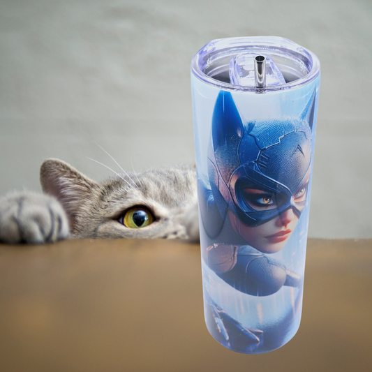 Catwoman 20 oz tumbler stainless steel with sliding lid and metal straw.