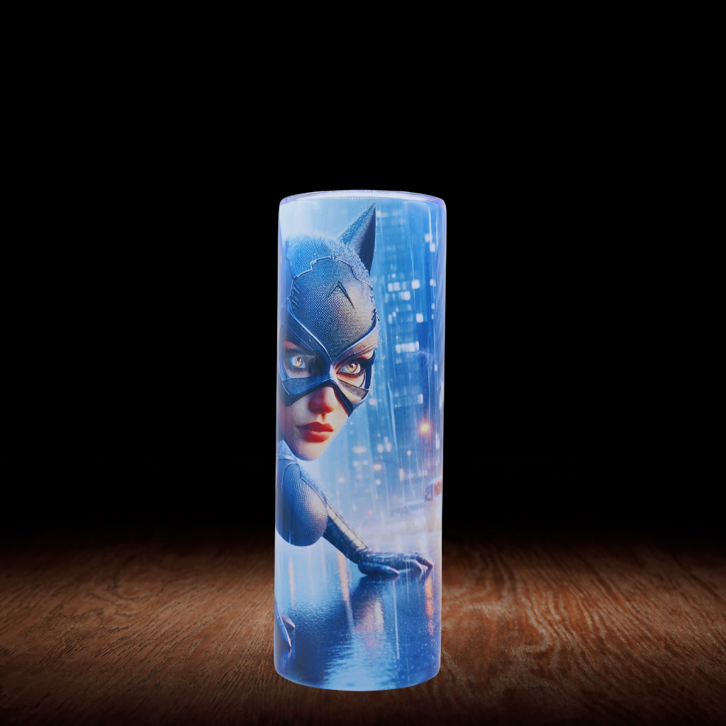 Catwoman 20 oz tumbler stainless steel with sliding lid and metal straw.