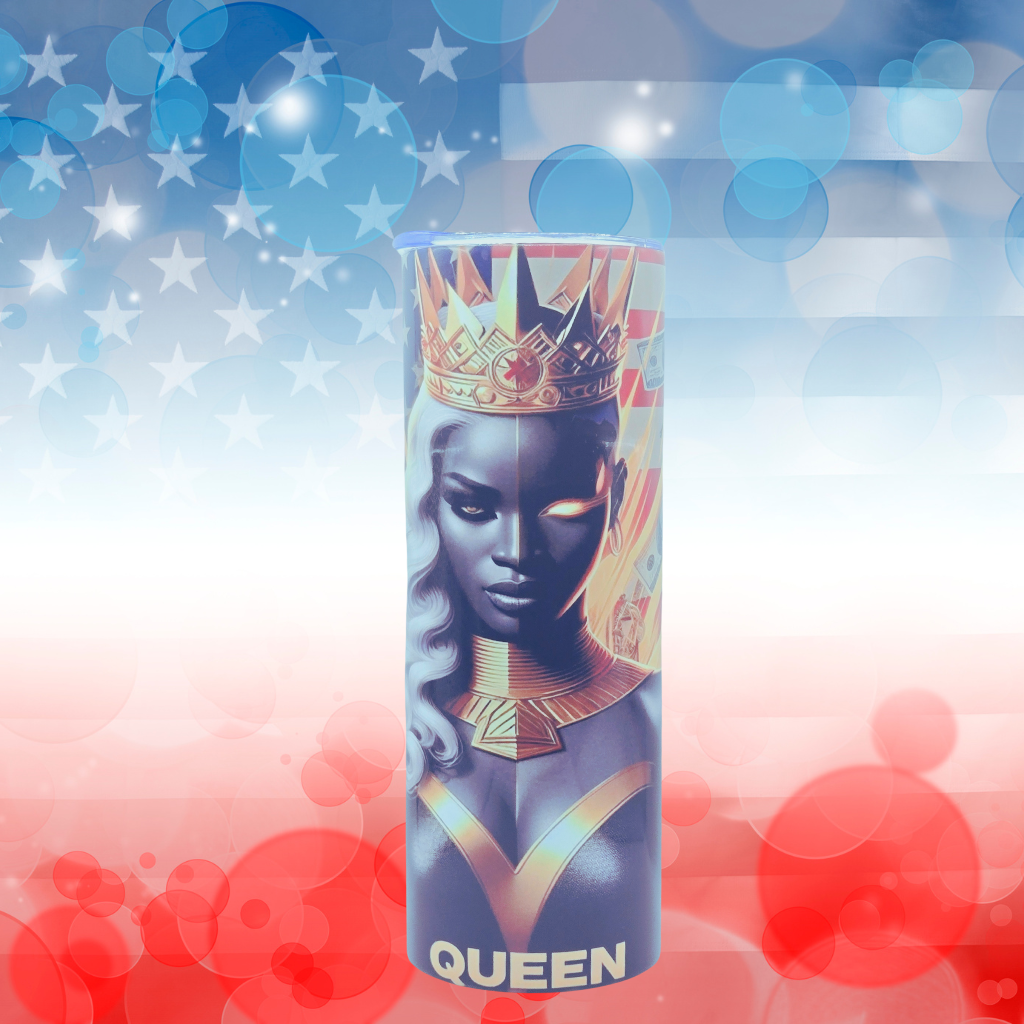 20 oz tumbler with leak-proof slide lid and metal straw "Queen Edition" Black & Gold, U.S Flag