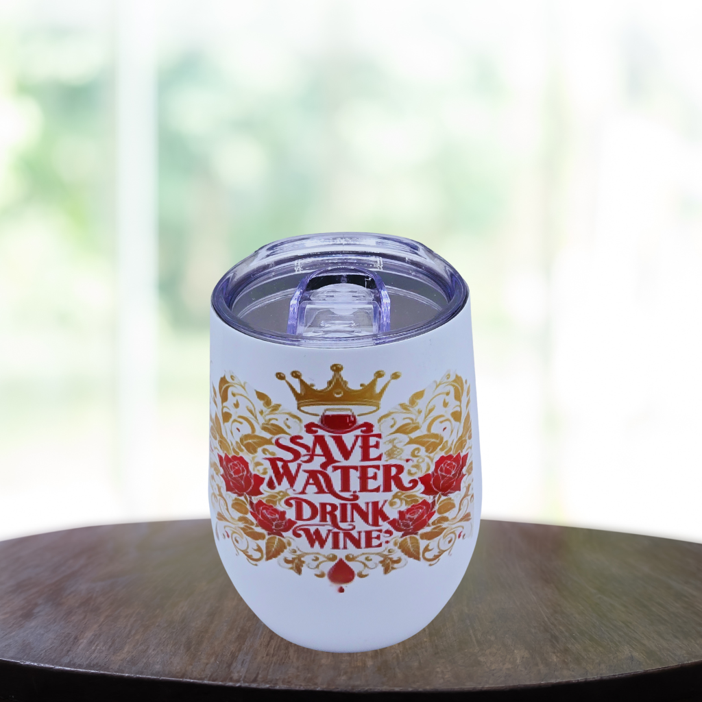 King's 'Save Water, Drink Wine 12 0z Wine Tumbler' Stainless Steel Cup with Lid, Metal Straw, & Brush