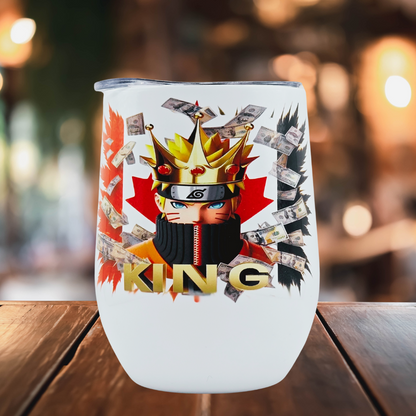 King Naruto 12 0z Wine Tumbler with Canadian Flag background. Stainless Steel Cup with Lid, Metal Straw, & Brush