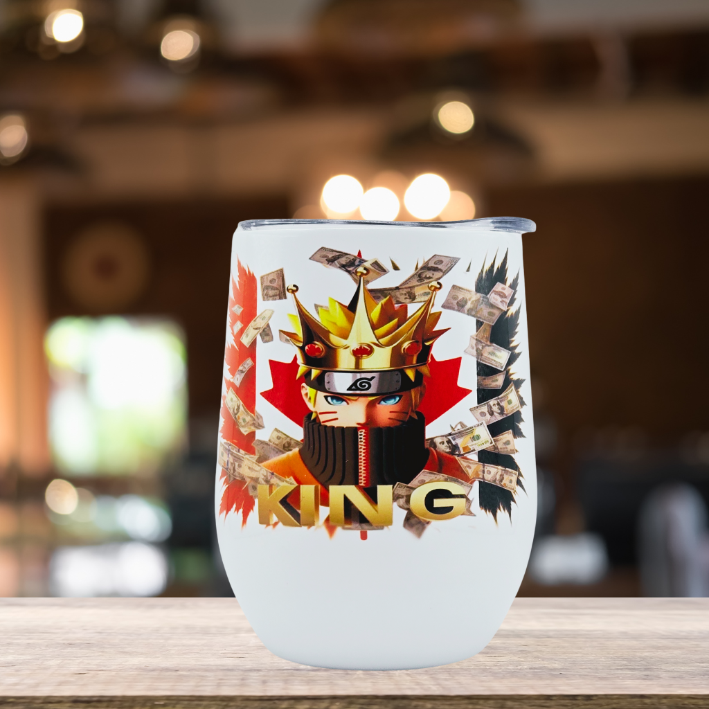 King Naruto 12 0z Wine Tumbler with Canadian Flag background. Stainless Steel Cup with Lid, Metal Straw, & Brush