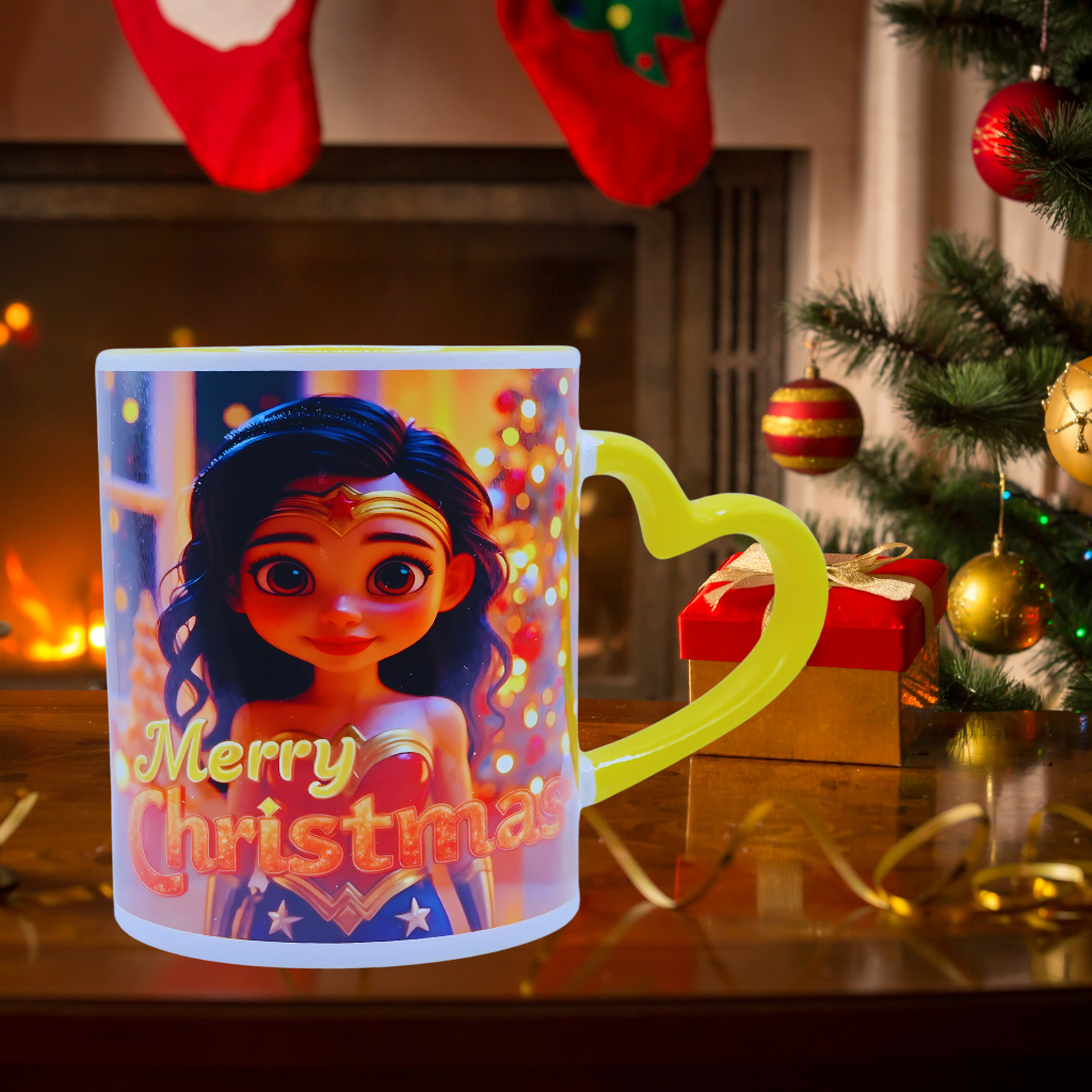 "Wonder Girl, Merry Christmas" 11 oz Coffee Mug with yellow love handle