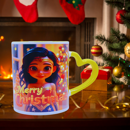 "Wonder Girl, Merry Christmas" 11 oz Coffee Mug with yellow love handle