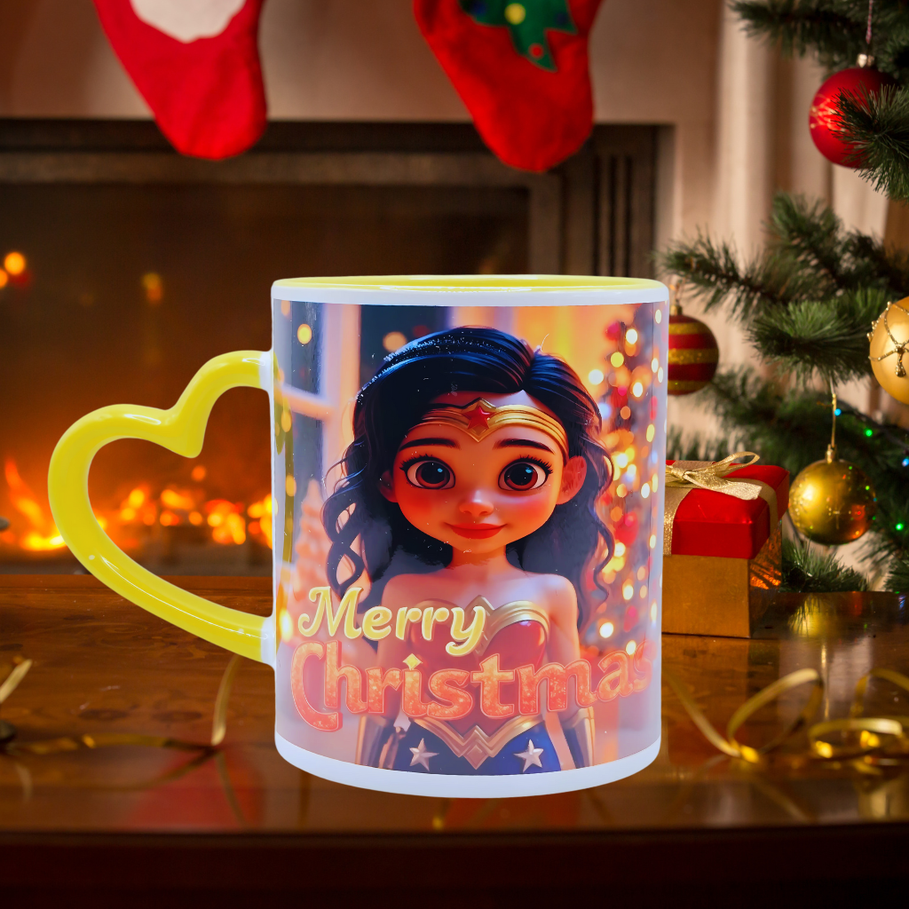 "Wonder Girl, Merry Christmas" 11 oz Coffee Mug with yellow love handle