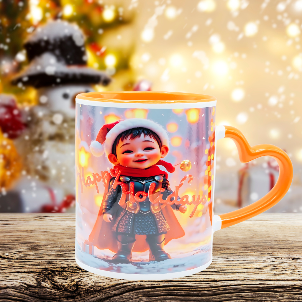 "Smiling Kid, Happy Holidays" 11 oz Coffee Mug with orange love handle