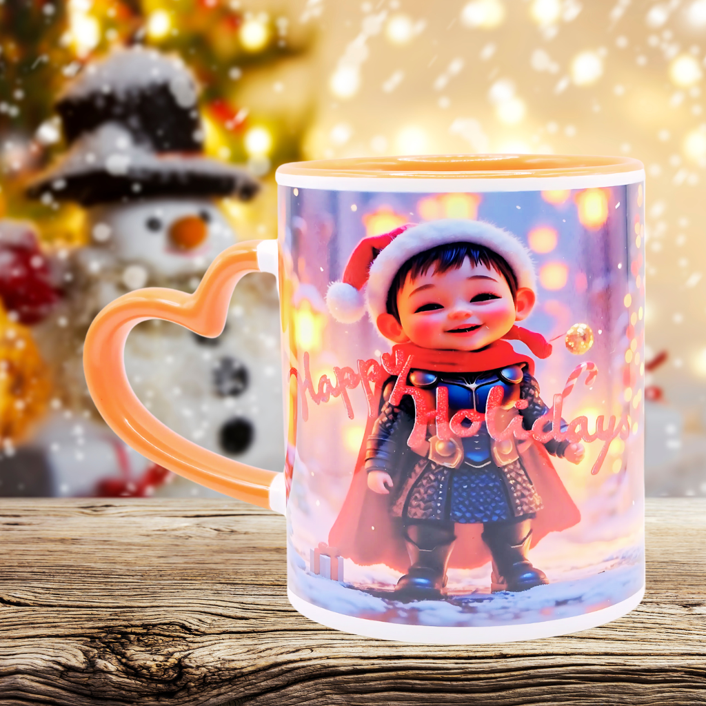 "Smiling Kid, Happy Holidays" 11 oz Coffee Mug with orange love handle