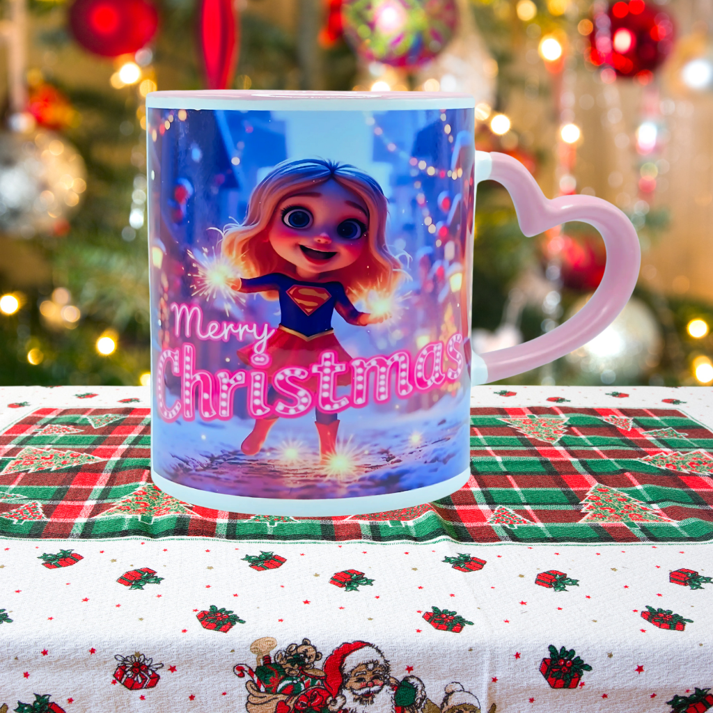 "Sparkle Super Girl, Merry Christmas" 11 oz Coffee Mug with red pink love handle