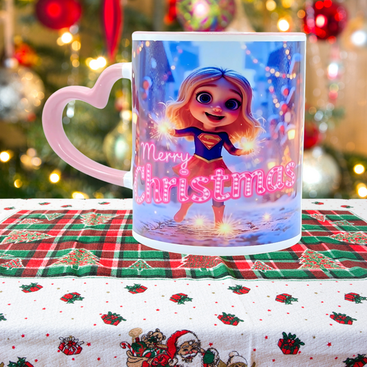 "Sparkle Super Girl, Merry Christmas" 11 oz Coffee Mug with red pink love handle