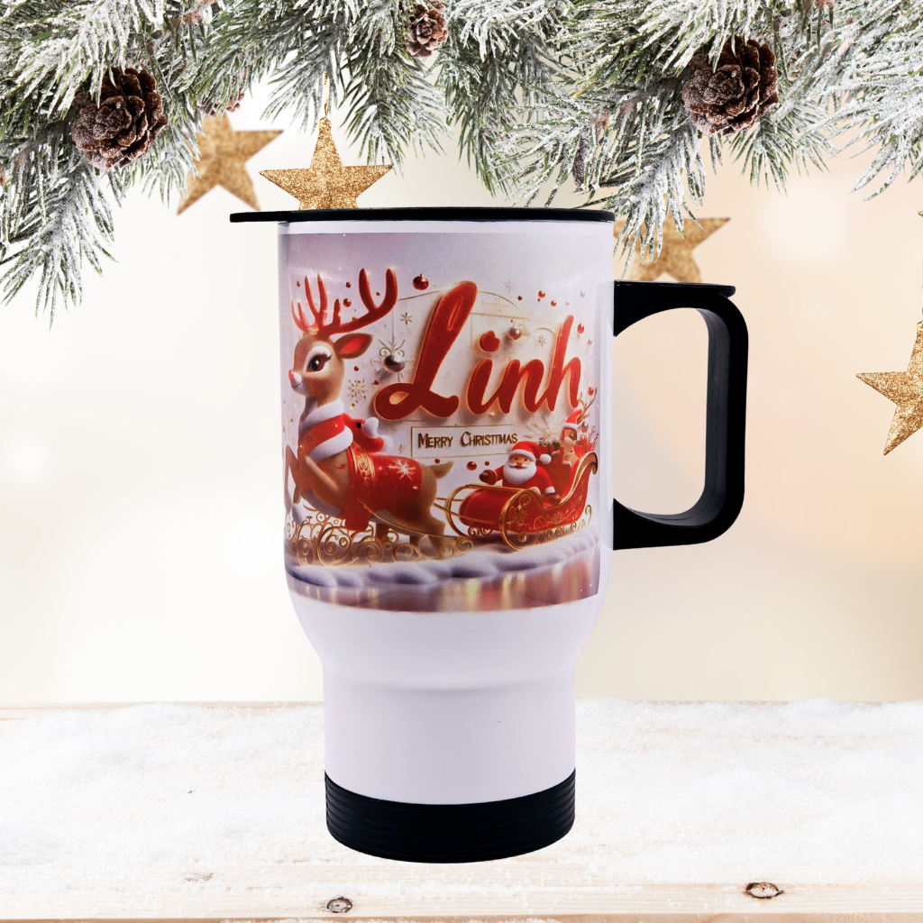 "Linh, Santa & Reindeer" Custom Made  17 oz coffee travel mug tumbler with free coaster