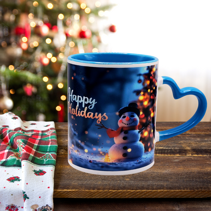 "Snowman Happy Holidays" 11 oz Coffee Mug with blue love handle