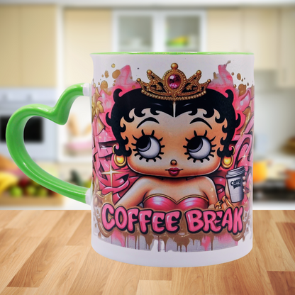 Betty Ceramic "Coffee Break" 11 oz Coffee Mug with green love handle