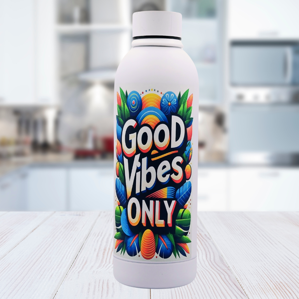 17 oz water bottle with vibrant uplifting quote "Good Vibes Only."