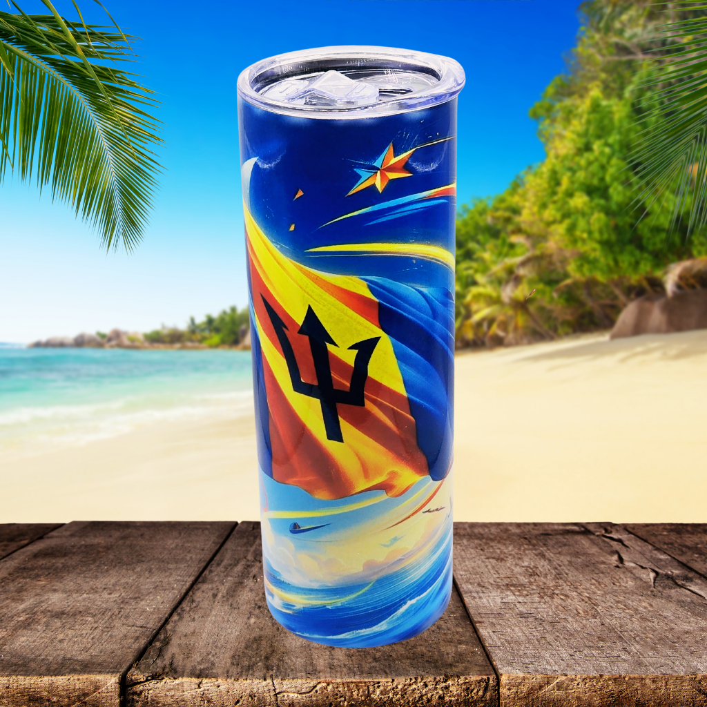 Barbados Olympic Flag 20 oz tumbler stainless steel with sliding lid and metal straw.