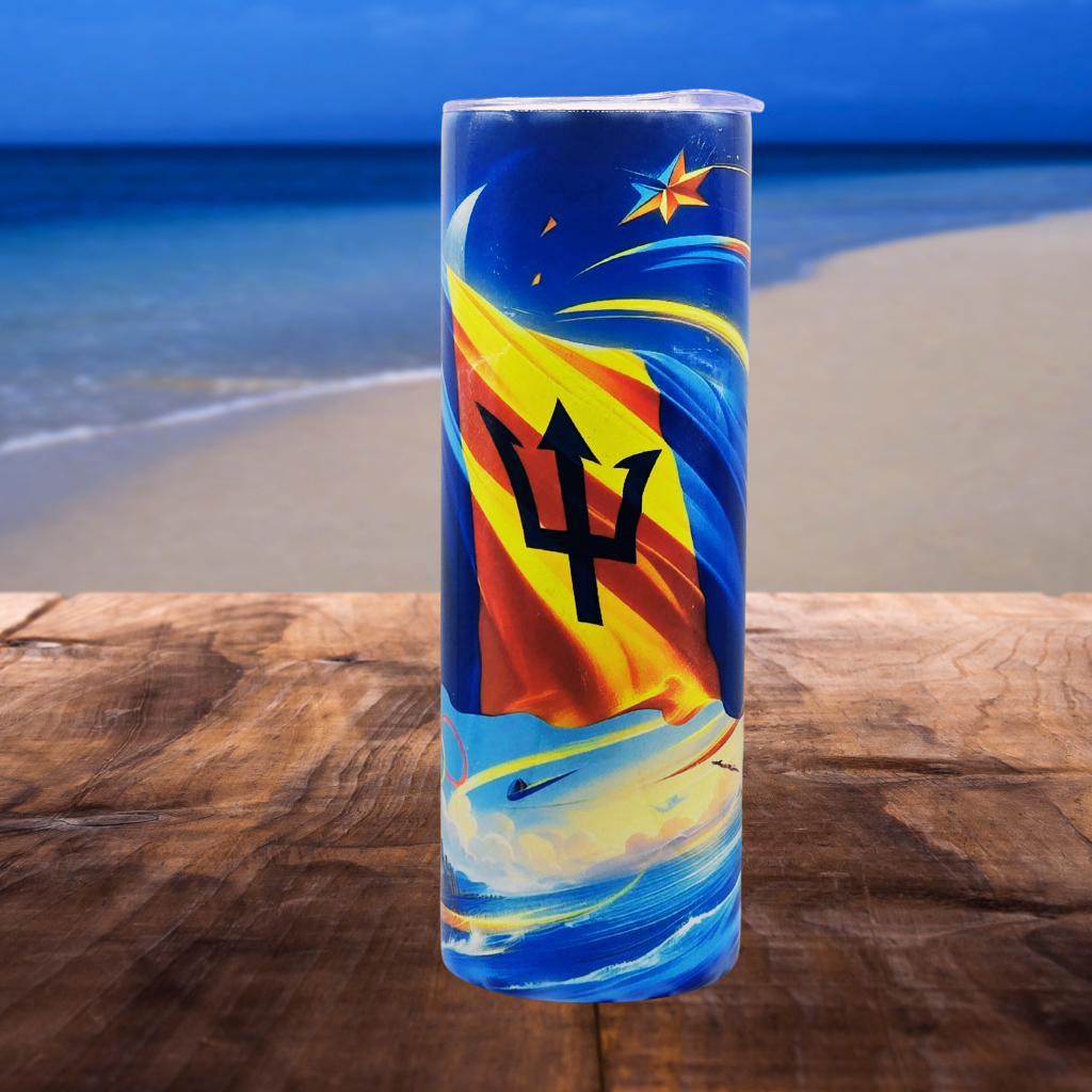 Barbados Olympic Flag 20 oz tumbler stainless steel with sliding lid and metal straw.