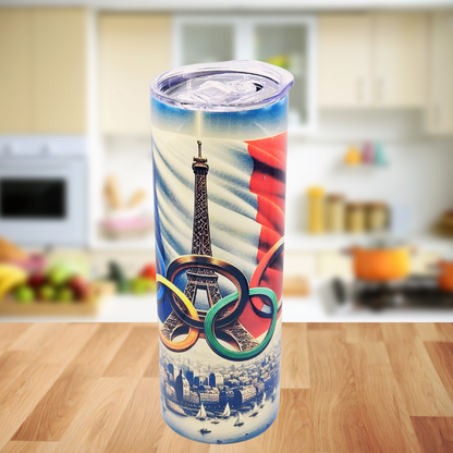 France Olympic Flag 20oz tumbler with sliding lid and metal straw.