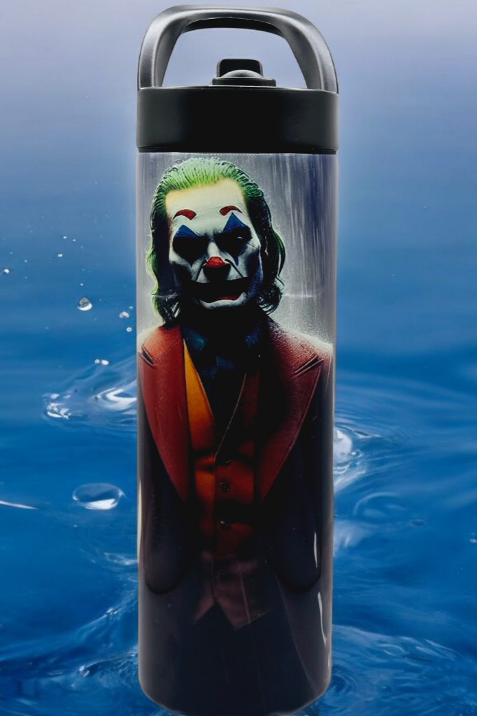 Joker 20 oz tumbler/water bottle stainless steel with sippy up lid and straw.