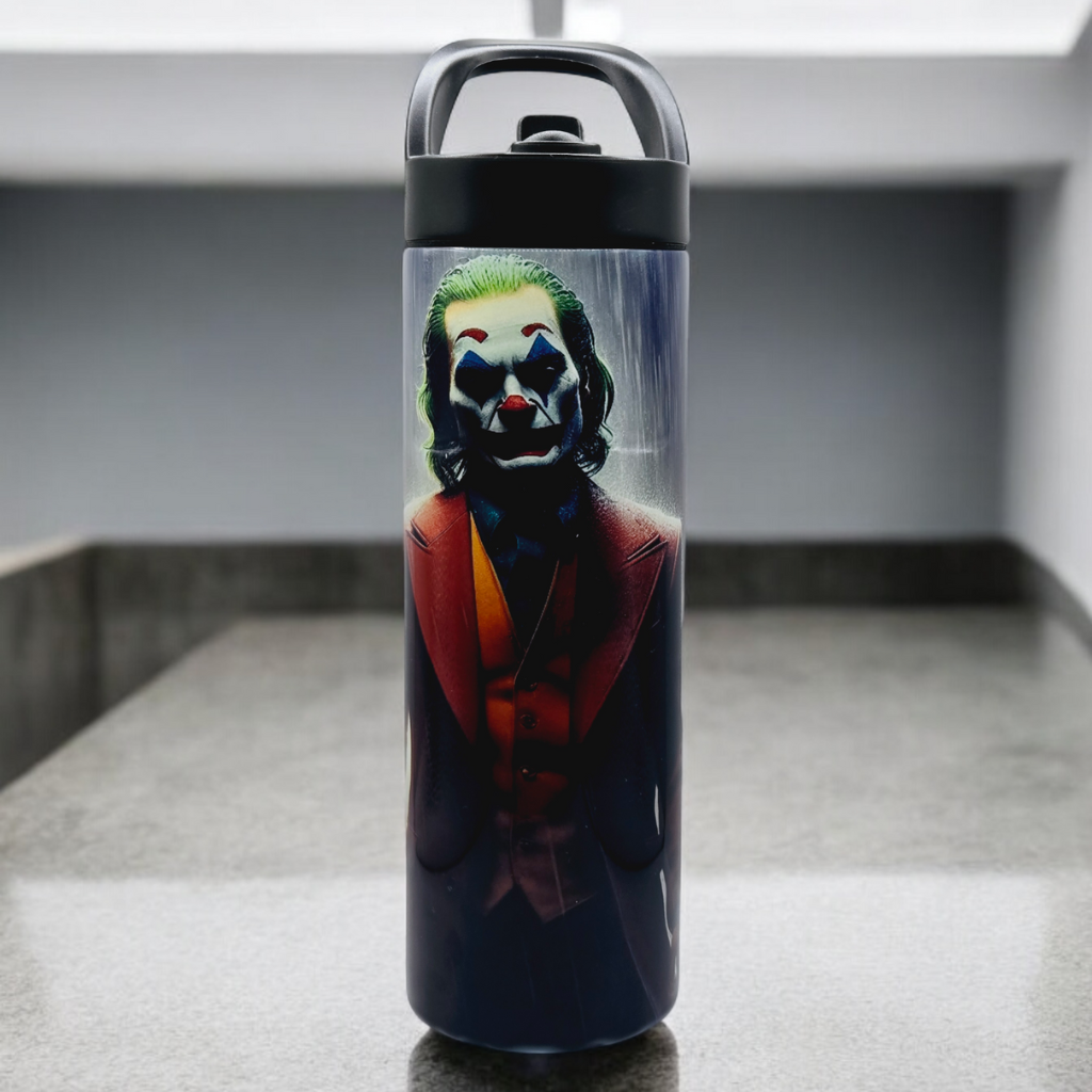 Joker 20 oz tumbler/water bottle stainless steel with sippy up lid and straw.