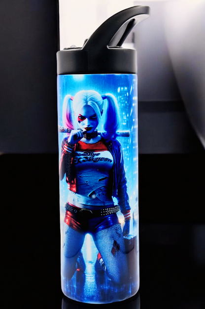 Harley Quinn 20 oz tumbler/ water bottle with sippy up lid and straw