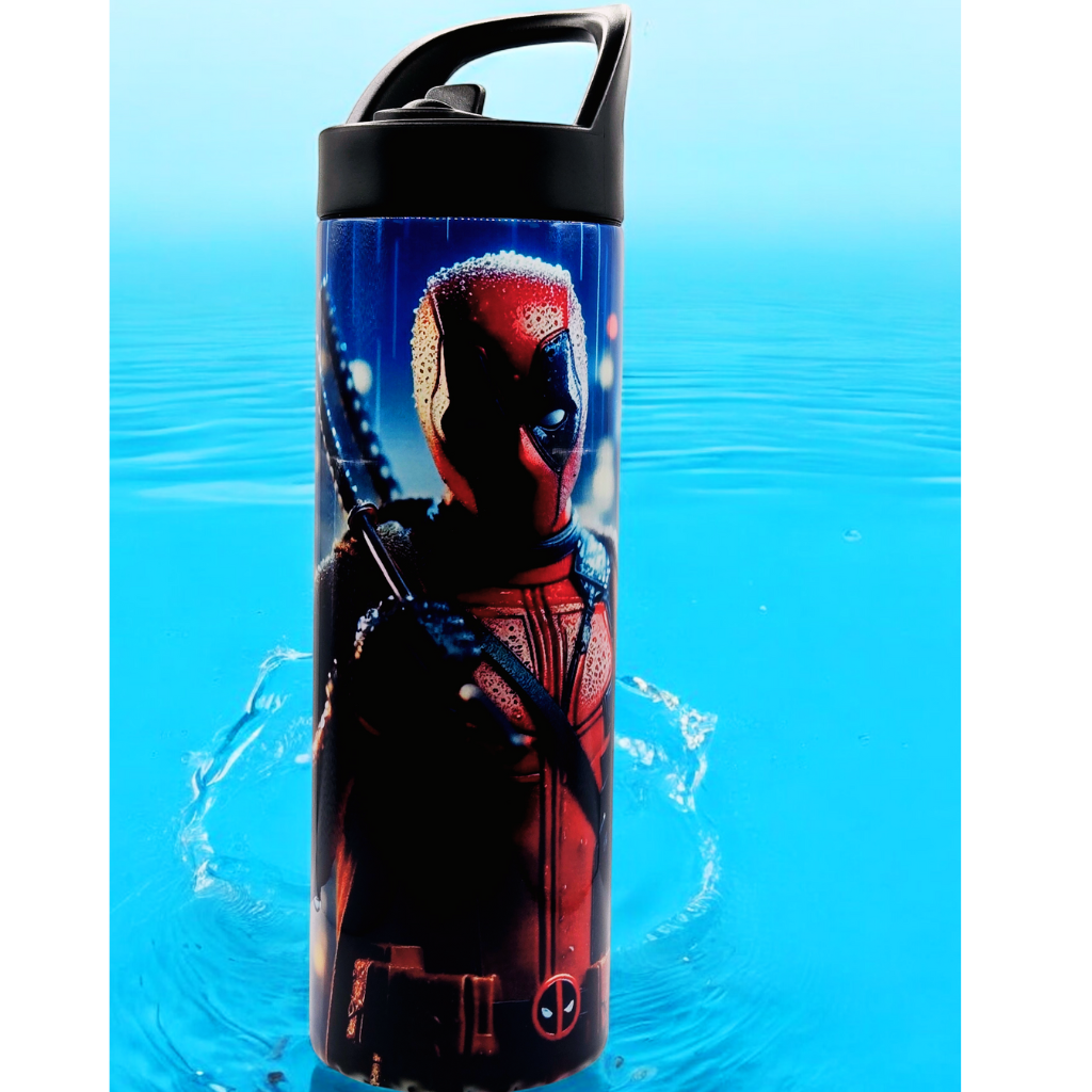 Deadpool 20 oz tumbler/water bottle stainless steel with sippy up lid and straw.