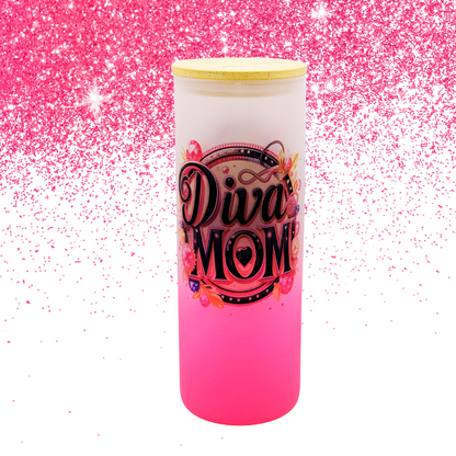 Diva Mom 25 oz cute and colorful glass tumbler with lid and straw