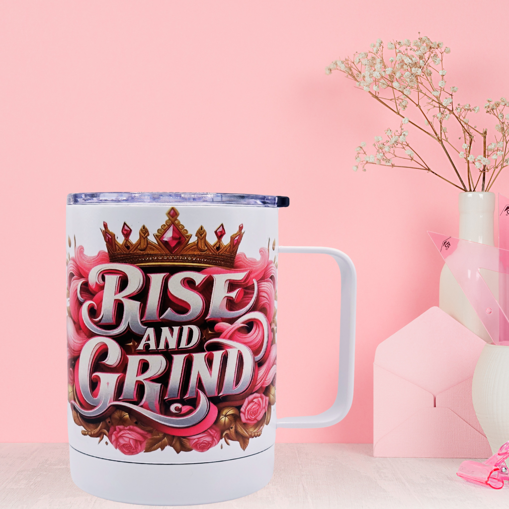 "Rise and Grind" Pink  12 oz coffee mug with free coaster