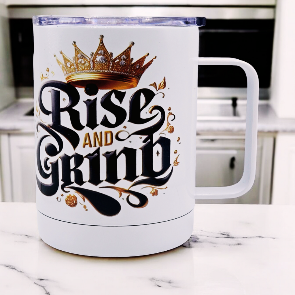 His & Hers "Rise and Grind" 12 oz coffee mug pair set with free coaster