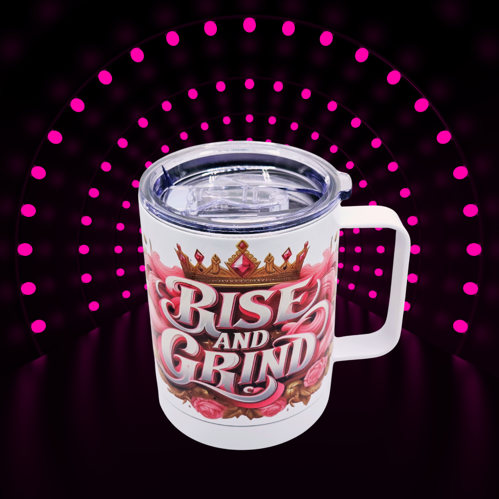 "Rise and Grind" Pink  12 oz coffee mug with free coaster