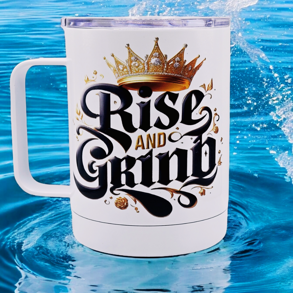 "Rise and Grind" 12 oz coffee mug with free coaster