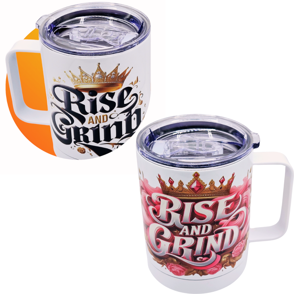 His & Hers "Rise and Grind" 12 oz coffee mug pair set with free coaster