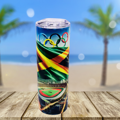 Jamaican Olympic Flag 20 oz tumbler with sliding lid and metal straw.