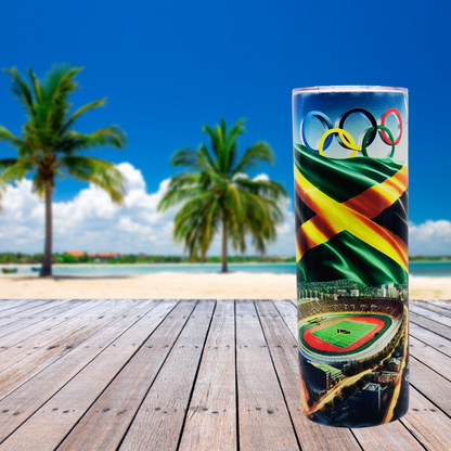 Jamaican Olympic Flag 20 oz tumbler with sliding lid and metal straw.