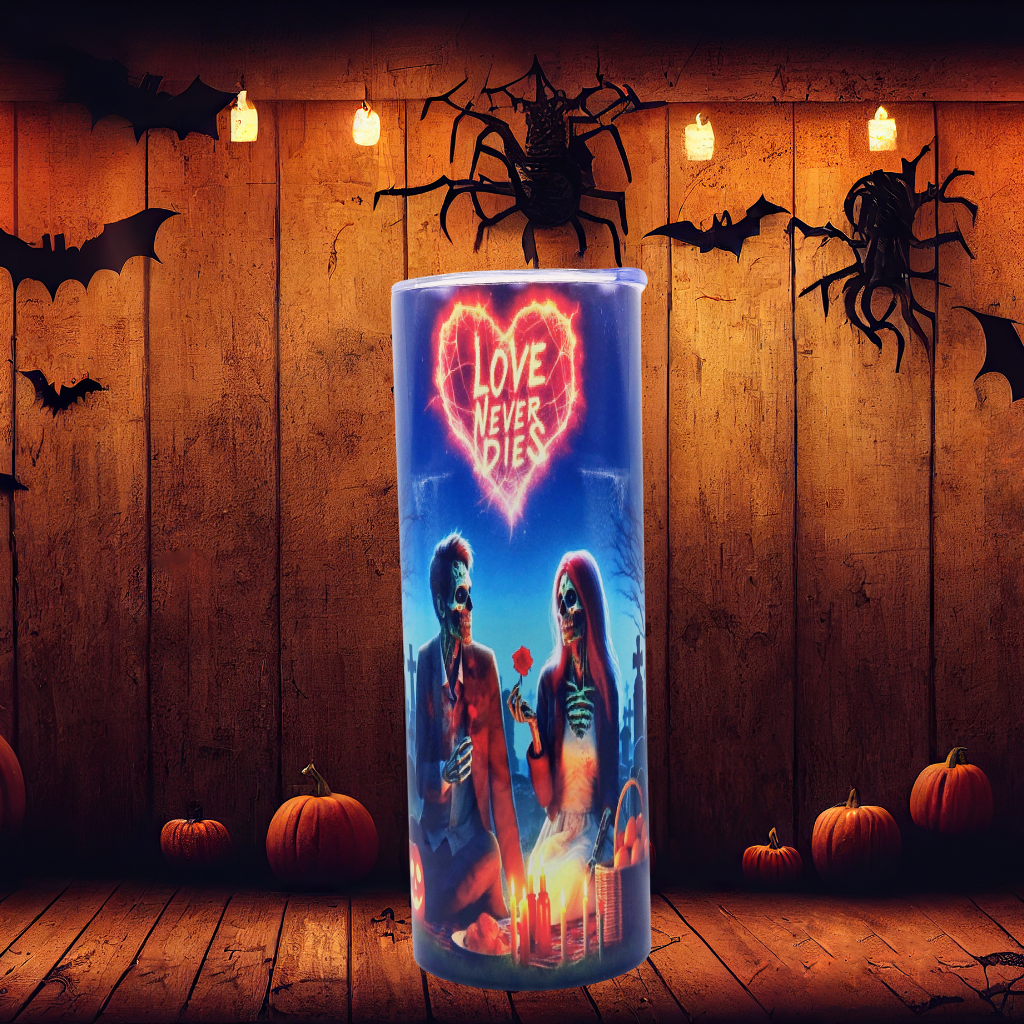 20 oz tumbler with leak-proof slide lid and metal straw, Halloween "love never dies"