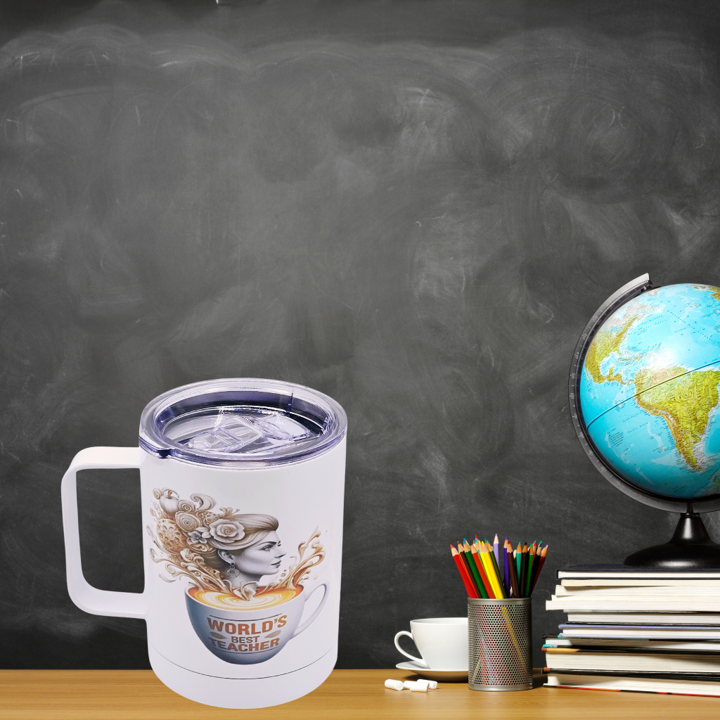 "World's Best Teacher" 12 oz coffee mug with free coaster