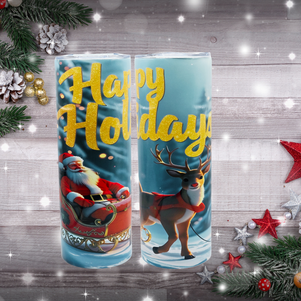 "Santa & Reindeer Happy Holidays" 20 oz Tumbler with Leak-proof slide lid and metal straw