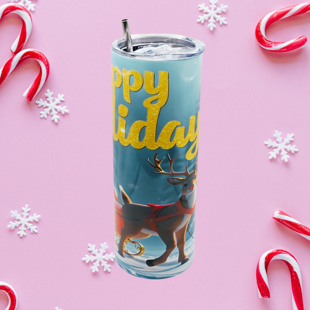 "Santa & Reindeer Happy Holidays" 20 oz Tumbler with Leak-proof slide lid and metal straw