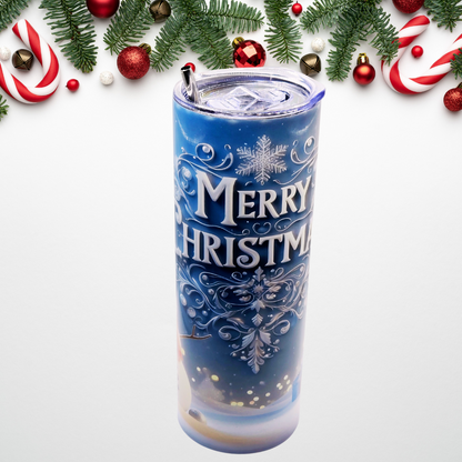 "Snowman Merry Christmas" 20 oz Tumbler with Leak-proof slide lid and metal straw