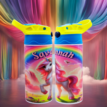 "Savannah Unicorn"  Custom Made 12 oz Kids water bottle with  flip lid