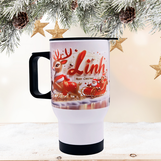 "Linh, Santa & Reindeer" Custom Made  17 oz coffee travel mug tumbler with free coaster