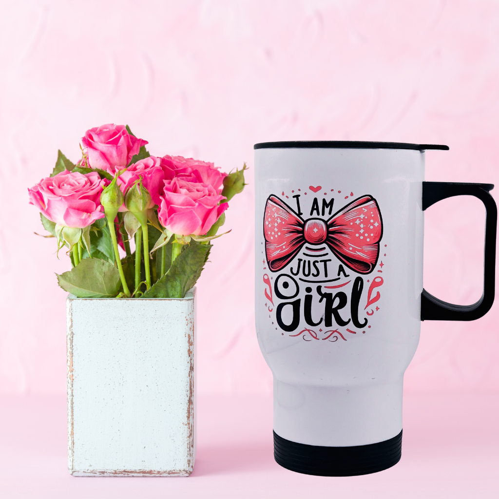 "I am Just a Girl" 17 oz coffee travel mug tumbler with free coaster