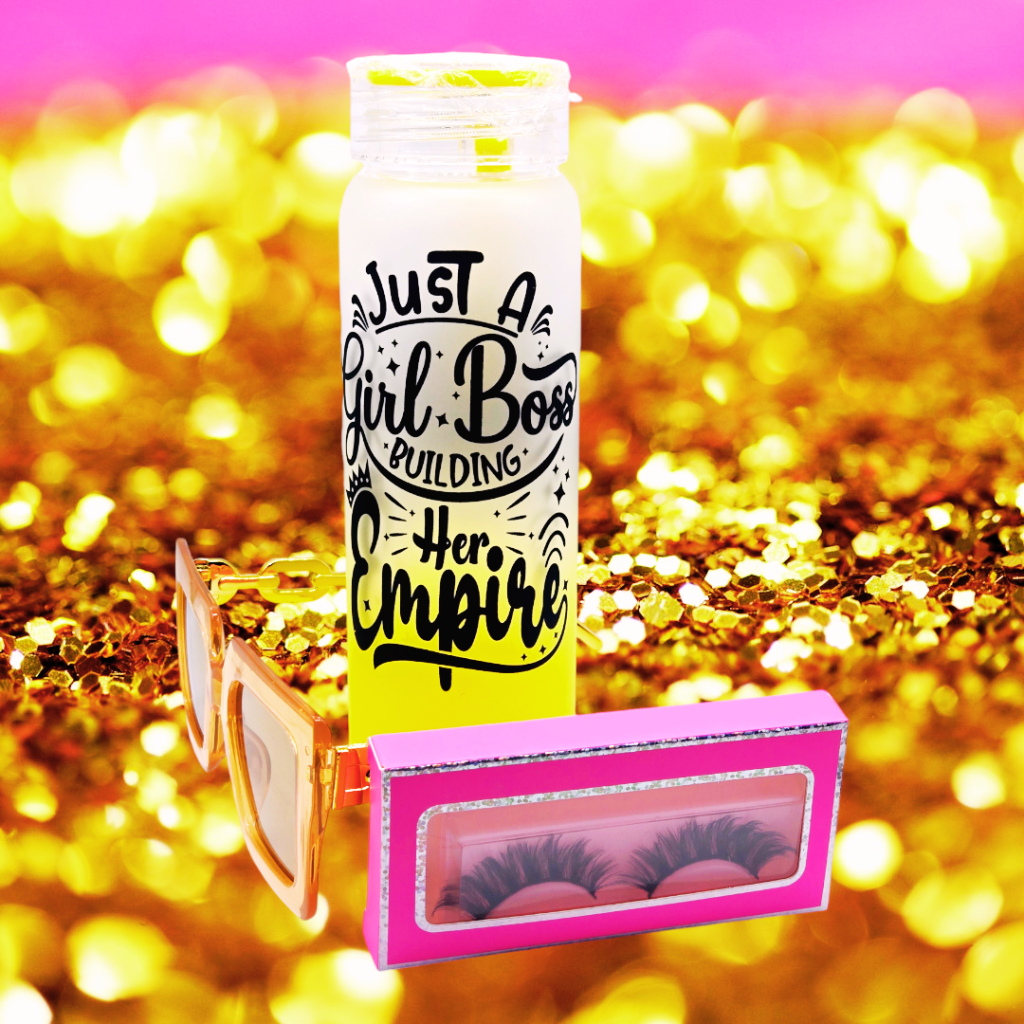 "Just a girl boss building her Empire" Combo pack /16oz Glass water bottle, glasses and 1 pair of eye lashes