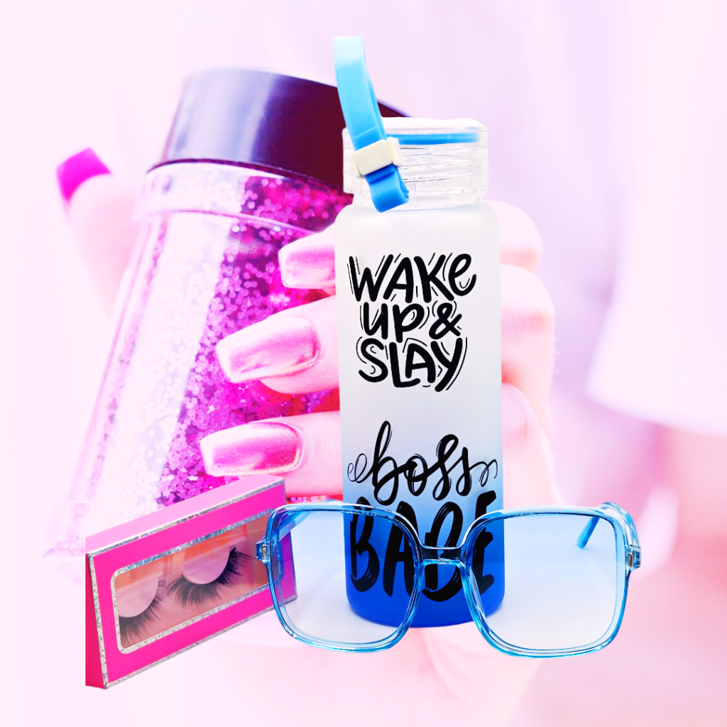 "Wake up and Slay" Combo pack /16oz Glass water bottle, glasses and 1 pair of eye lashes