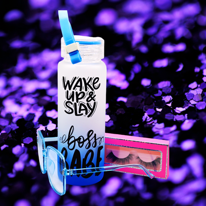 "Wake up and Slay" Combo pack /16oz Glass water bottle, glasses and 1 pair of eye lashes