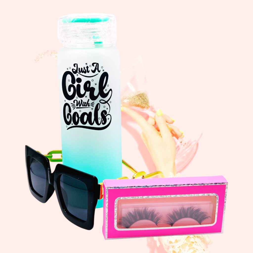 "Just a girl with Goals" Combo pack /16oz Glass water bottle, glasses and 1 pair of eye lashes