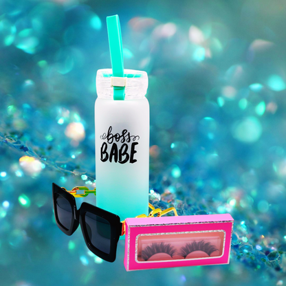 "Just a girl with Goals" Combo pack /16oz Glass water bottle, glasses and 1 pair of eye lashes