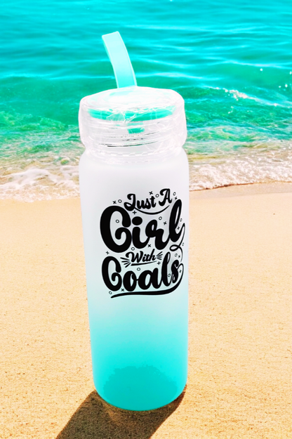 "Just a girl with Goals" Combo pack /16oz Glass water bottle, glasses and 1 pair of eye lashes