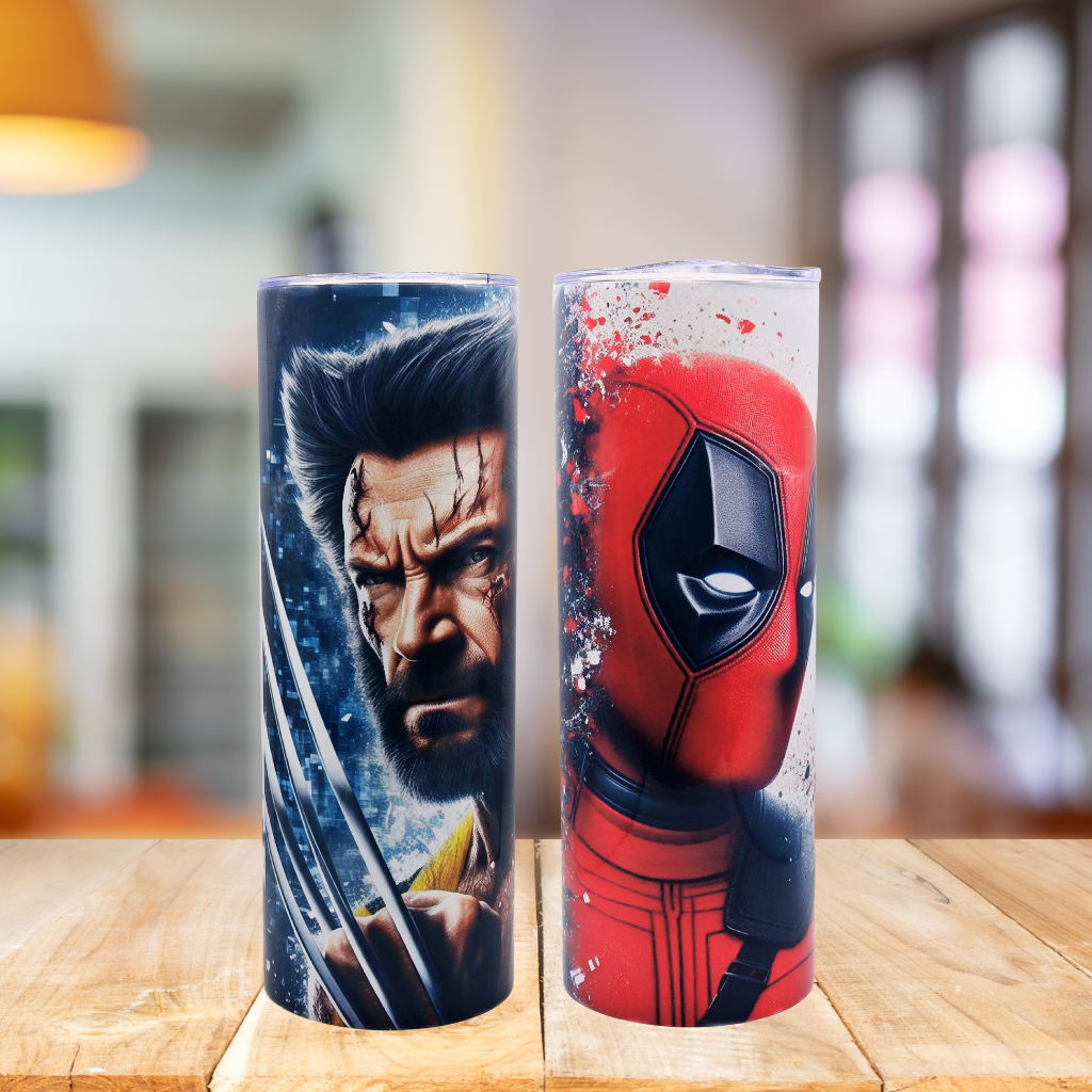 20 oz "Wolverine & Deadpool" tumbler with leak-proof slide lid and metal straw