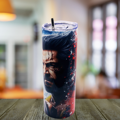 20 oz "Wolverine & Deadpool" tumbler with leak-proof slide lid and metal straw